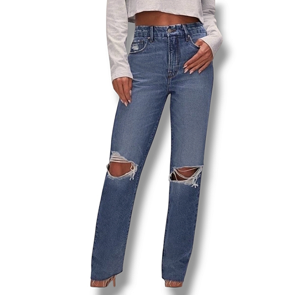 Good American distressed ripped knee 90s style high waist jeans 14/32 NWT